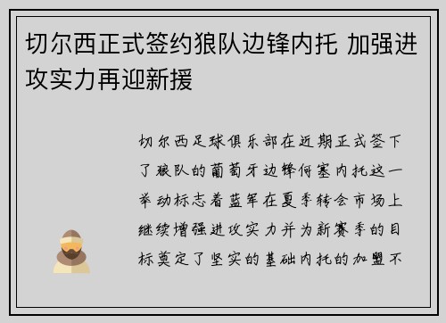 切尔西正式签约狼队边锋内托 加强进攻实力再迎新援 切尔西正式签约狼队边锋内托 加强进攻实力再迎新援